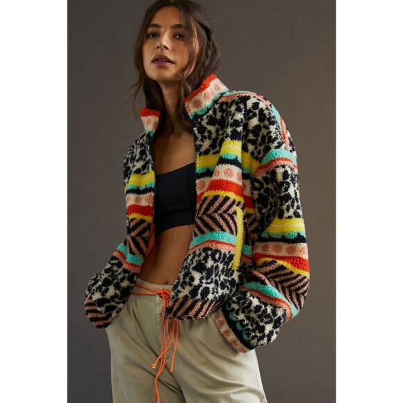 Anthropologie Maeve Lively Abstract Zip Sherpa Fleece Jacket Size Women XS Cozy - Picture 13 of 15